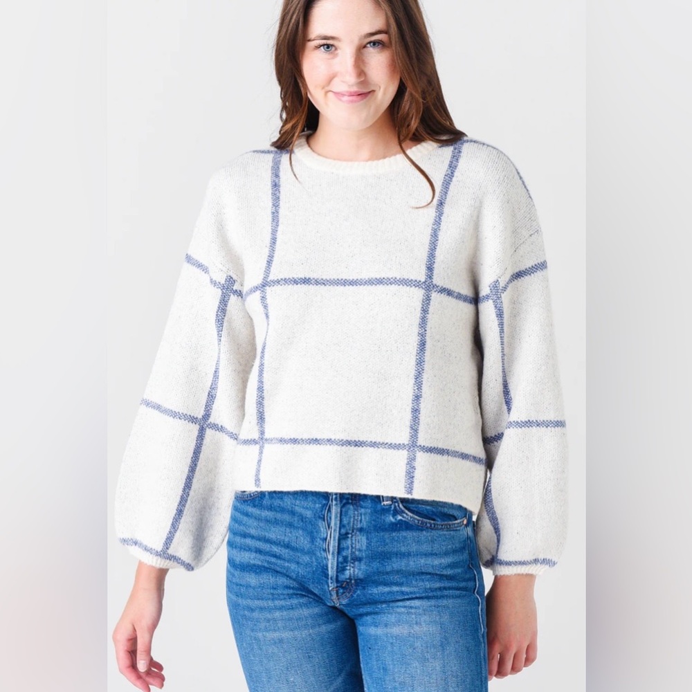 Z SUPPLY WOMEN'S SOLANGE PLAID SWEATER Sz S Off White & Blue Balloon Sleeve
